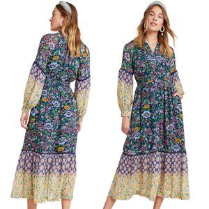 Anthropologie Maeve Ondine Floral Print Maxi Dress Size Small  Boho Peasant Navy